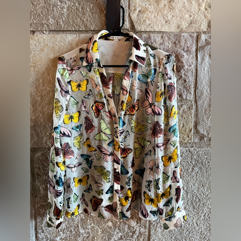 Alice + Olivia White Floral Butterfly Print Blouse
